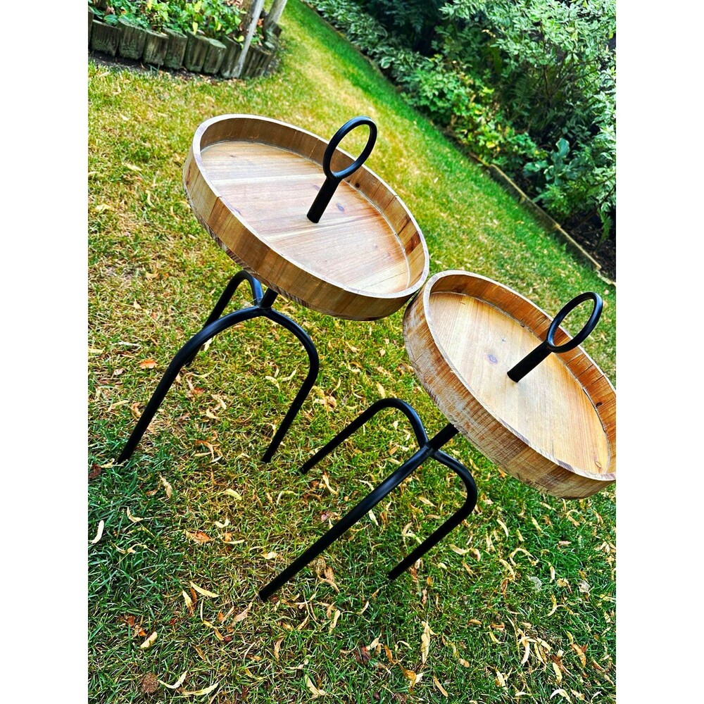 Set of 2 Rustic Round Wood Tray Plant Stands Black Metal Farmhouse Accent Tables